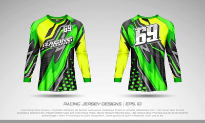 Long sleeve t-shirt design template, Motocross racing jersey mockup. Sport uniform front and back view
