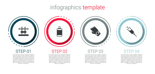 Set Bench with barbel, Punching bag, Smart watch on hand and Doping syringe. Business infographic template. Vector