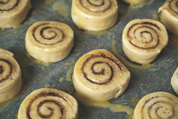 Blanks for baking cinnamon rolls on baking sheet with parchment paper.