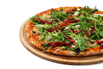 Fresh pizza on wooden board isolated on white