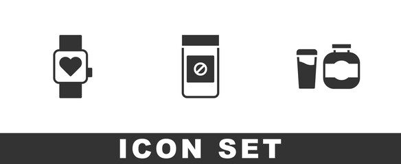 Set Smart watch, Anabolic drugs and Sports nutrition icon. Vector