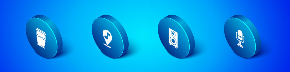 Set Isometric Drum, Stereo speaker, Microphone and Location musical note icon. Vector