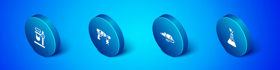 Set Isometric Test tube flask on stand, Experimental mouse, Plant breeding and Transfer liquid gun icon. Vector