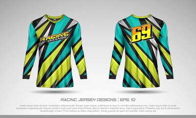 Long sleeve t-shirt design template, Motocross racing jersey mockup. Sport uniform front and back view