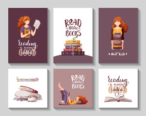 Set of cards withreading women, books, lettering. Bookstore, bookshop, library, book lover, bibliophile, education concept. Vector illustration for poster, banner, card, postcard.