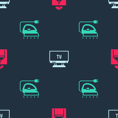 Set Lift, Smart Tv and Electric iron on seamless pattern. Vector