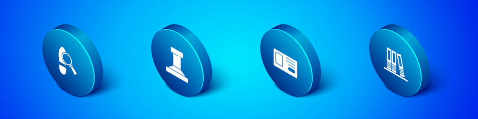 Set Isometric Footsteps, Identification badge, Office folders and Stamp icon. Vector