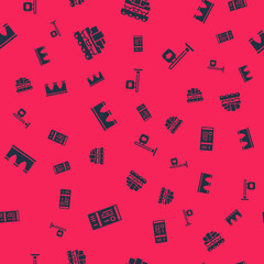 Set Train ticket, Cargo train wagon, Bridge for and Cafe and restaurant location on seamless pattern. Vector