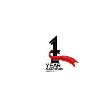1 year anniversary logotype flat black color and red ribbon on white background can be use for template greeting card, invitation and celebration moment