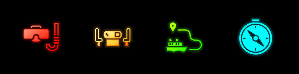 Set Diving mask and snorkel, Poker table, Ship line path and Compass icon. Vector