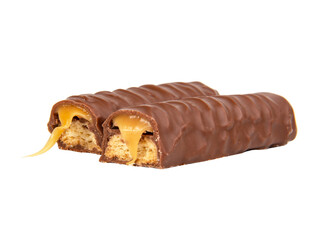 Tasty chocolate bar stick caramel isolated on the white background