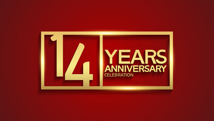 14 years anniversary logotype with golden color in square. vector can be use for template, greeting card, invitation and celebration event