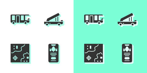 Set Mobile with ticket, Airport bus, World travel map and Passenger ladder icon. Vector