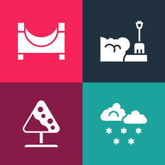 Fototapeta premium Set pop art Cloud with snow, Road sign avalanches, Shovel in snowdrift and Skate park icon. Vector