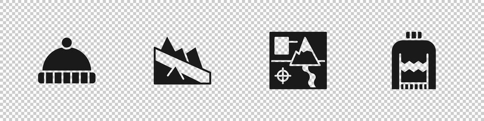 Set Winter hat, Mountain descent, Folded map and Christmas sweater icon. Vector
