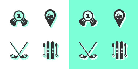 Set Ski and sticks, Medal, Ice hockey and Location with mountain icon. Vector