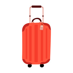 Vector illustration for travel with a red suitcase on wheels in a flat style, isolated elements on a white background.