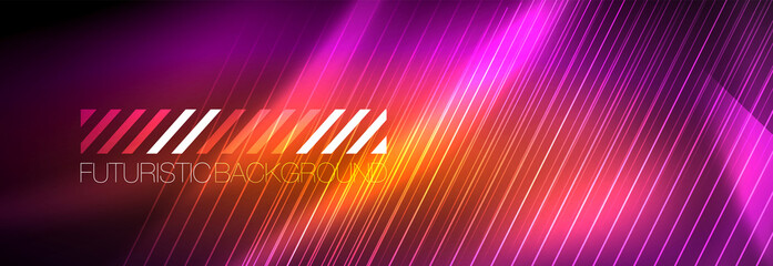 Neon glowing lines, magic energy and light motion background. Vector wallpaper template