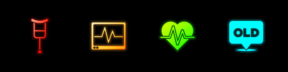 Set Crutch or crutches, Monitor with cardiogram, Heart rate and Nursing home icon. Vector