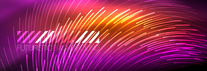 Neon glowing lines, magic energy and light motion background. Vector wallpaper template