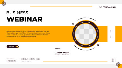 Business webinar banner template for website with circle frame and minimalist concept of geometric shapes