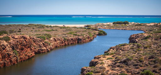 Landscape view of the mouth of Yardie Creek in the Ningaloo National Park near Exmouth in Western...