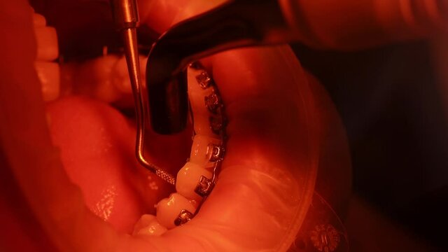Bracket systems installation process. Patient in the dental chair. Modern orthodontics.