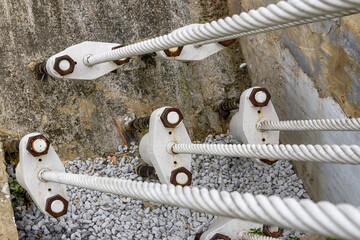 Close-up of the thick steel cables of the cable-stayed bridge