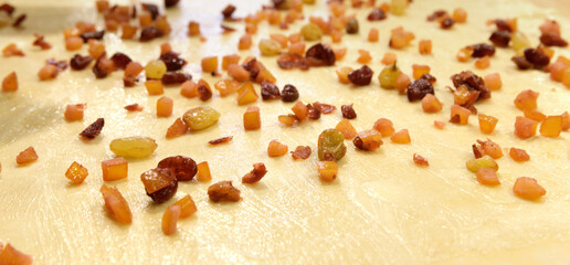 on a thin dough are pieces of candied fruit and raisins. preparing to bake a pie. selective focus.High quality photo