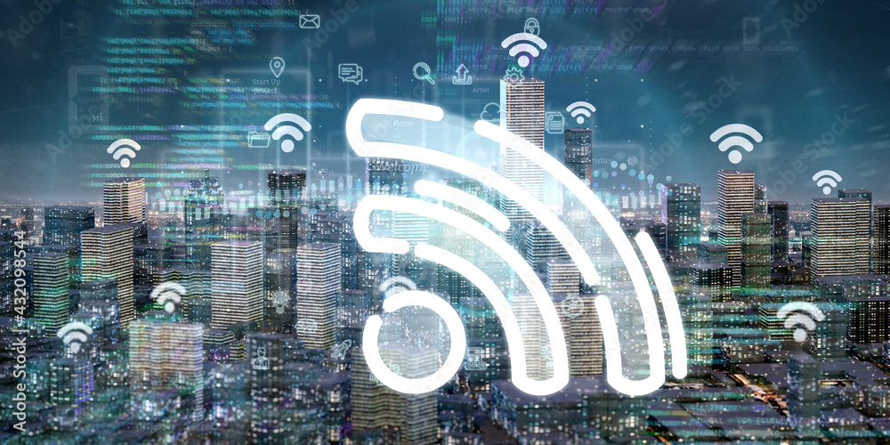 Poster Smart city with wifi network and communication connection - 3d rendering