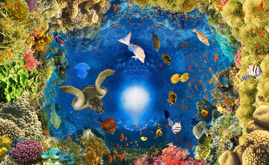 underwater paradise background - coral reef wildlife nature collage with sea turtle and colorful fish background - obrazy, fototapety, plakaty