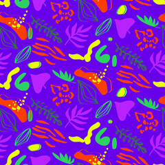 Naklejka na ściany i meble Abstract Hand Drawing Geometric Leaves and Mixed Animal Skins Repeating Vector Pattern Isolated Background 