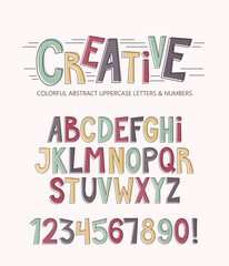 Creative colorful font, isolated uppercase alphabet letters and numbers vectors