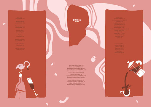 Drinks menu. Champagne, wine, coffee.  Alcoholic and hot drinks. For art template design, list, banner, idea, brochure, booklet.