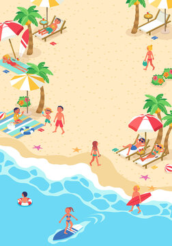 夏の海に海水浴に来た大勢の人々の生活風景のベクターイラスト(アイソメトリック、アイソメ)	