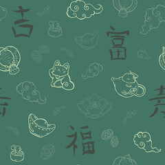 Seamless vector pattern with Chinese characters in turquoise. Pattern for print, images on textiles, wallpaper. Contains Chinese characters translated into English: Luck, Wealth, Longevity, Happiness.