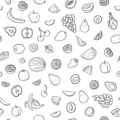 Seamless pattern of juicy summer berries and fruits in hand-drawn doodle style. Fresh vitamins, citrus fruits. Vegan, vegetarian, raw food. Flat vector illustration isolated on white background.