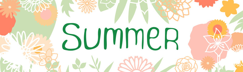 Summer banner. Flowers. Doodle vector hand drawn sketch floral collection. Chamomile, rose, sunflower, lotus, lily and gerbera. Lettering