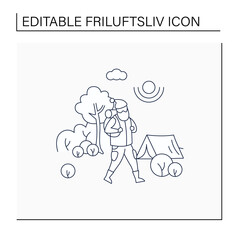 Friluftsliv line icon. Hiking. Man walking in forest. Camping. Nature landscape.Camping. Nordic outdoor activities concept.Isolated vector illustration.Editable stroke