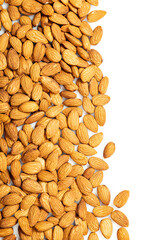 Close up. Frame. Dry  almonds.  Shelled almonds on a white background,