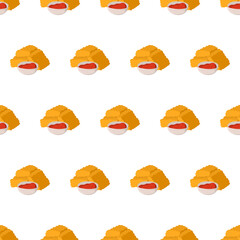 Hand drawn seamless pattern with chicken nuggets and tomato ketchup for background design. Vector isolated illustration.
