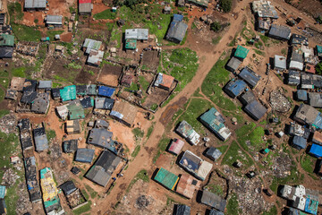 Overhead view of low income tin shack housing in urban area