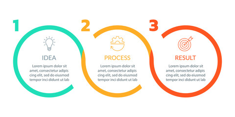 3 steps infograph. Business process, presentation, layout template. Chart, timeline info graphic, diagram with circles and modern icons. Vector illustration.
