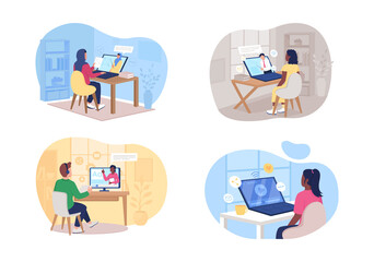 Remote class 2D vector web banner, poster set. Man and woman watching online tutorial flat characters on cartoon background. Elearning printable patch, colorful web element collection