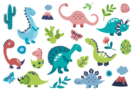 Set of cute hand drawn dinosaurs. White background, isolate. Vector illustration. Flat style.