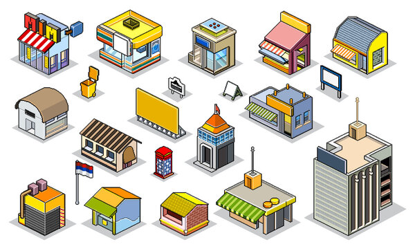 Pixels art  of  isometric buildings, Pixel art city for games icons high detailedVector Illustration