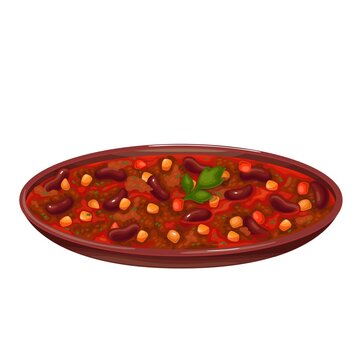 Chili Con Carne in bowl vector illustration. Traditional Mexican cuisine.