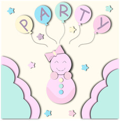 greeting card invitation to a party for children with a cartoon character and balloons