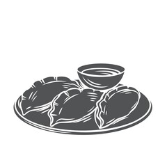 Dumplings chinese cuisine glyph monochrome icon. Asian food engraved vector illustration.