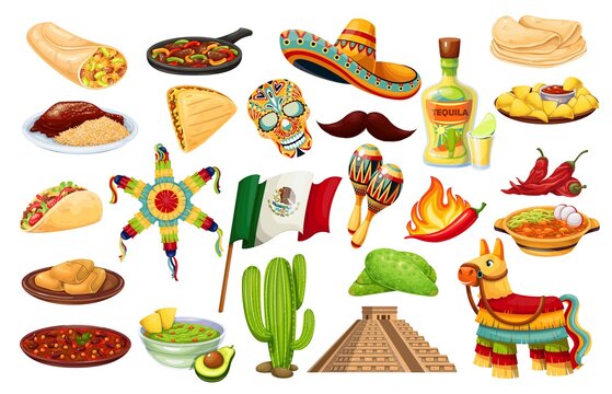 Mexico icons carnival Cinco de mayo vector, Mexican cuisine, traditional holiday fiesta food and festival symbols travel elements illustration. Pinata, burrito, fajitas, cactus, sombrero, flag and ets